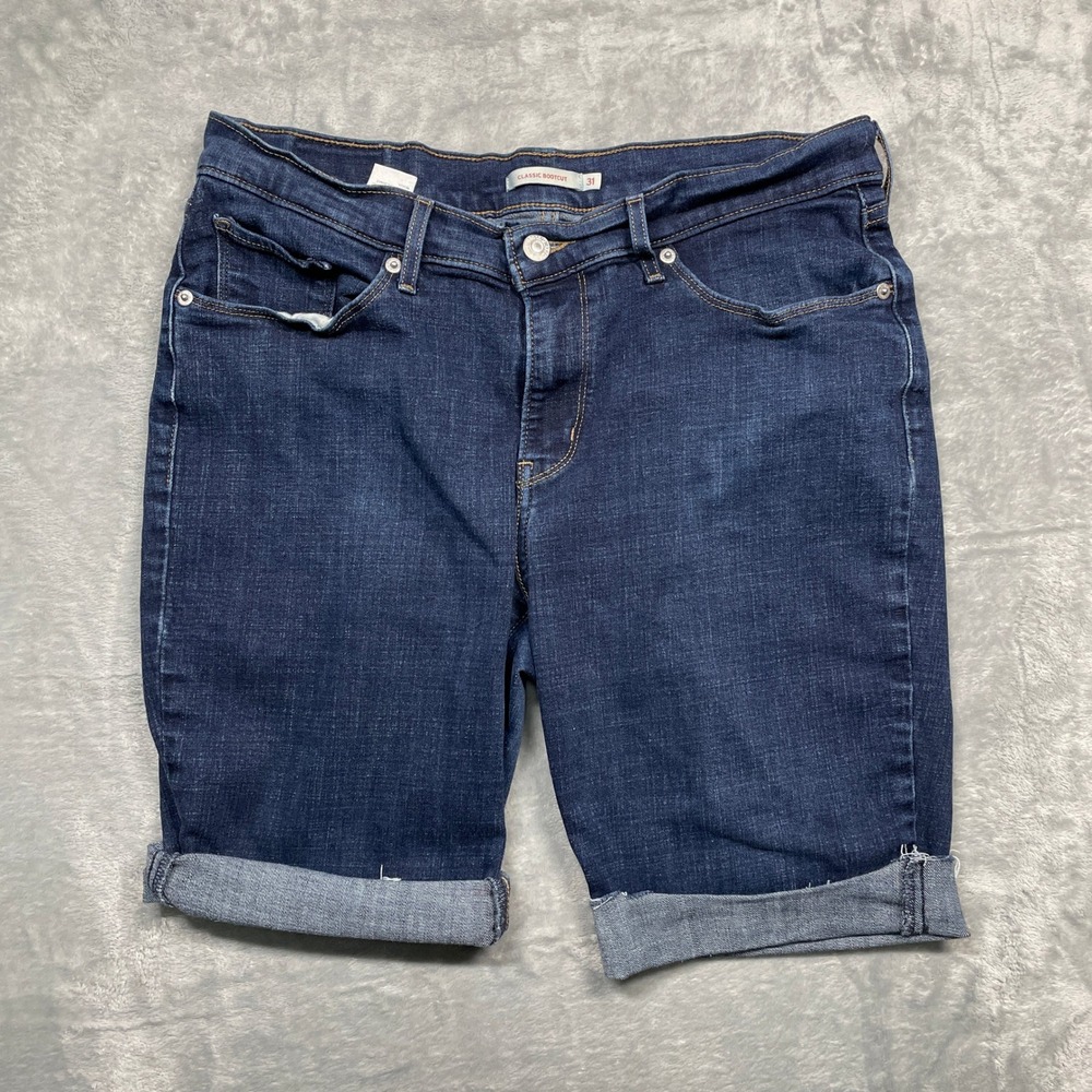 Levi's Classic Bootcut Shorts Womens 31 Dark Blue Denim Stretch Cuffed Raw Hem
